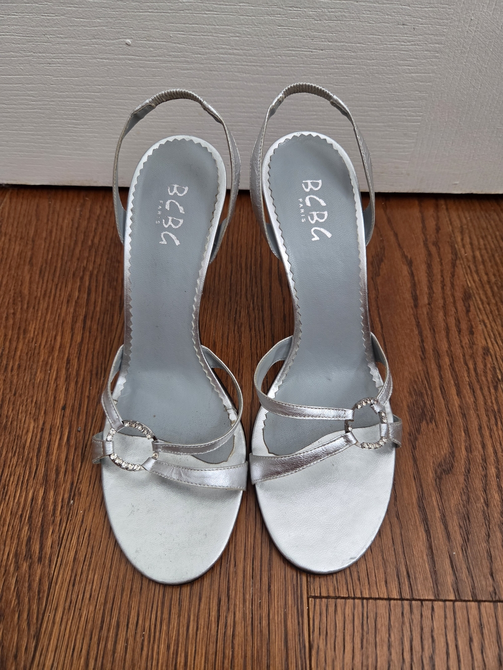 BCBG Silver Rhinestone Ring Slingback Heels